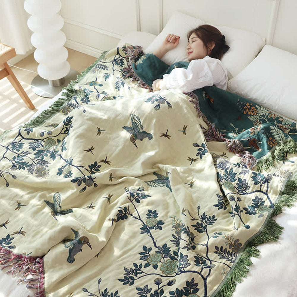 Ornate cotton gauze blanket jacquard detail