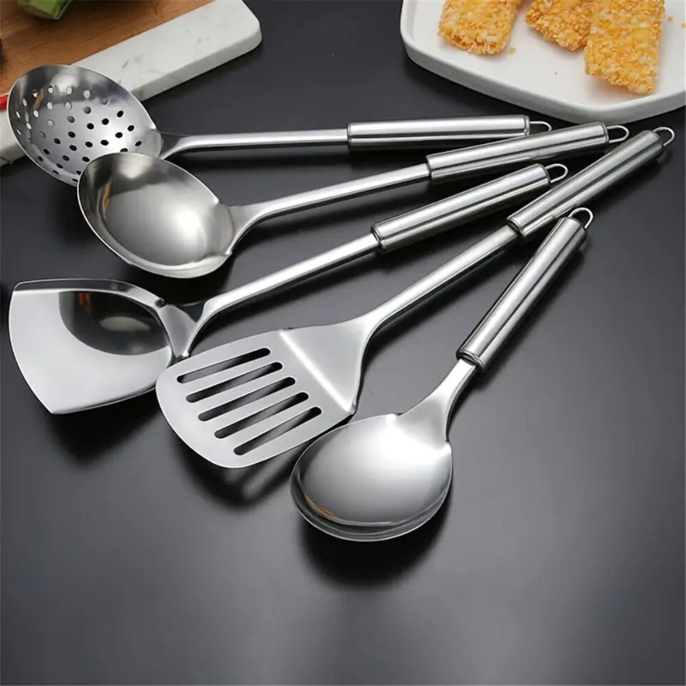 Five piece stainless steel cooking utensil set