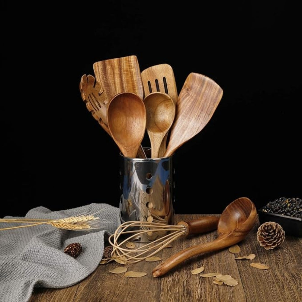 Wooden cooking utensil set styled at home