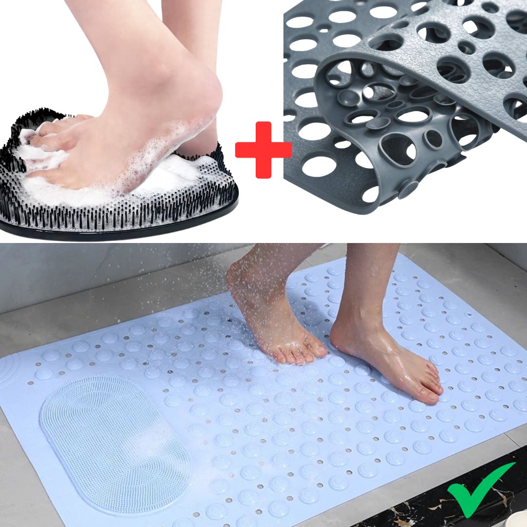 SafeGrip shower mat with foot scrubber shown in use