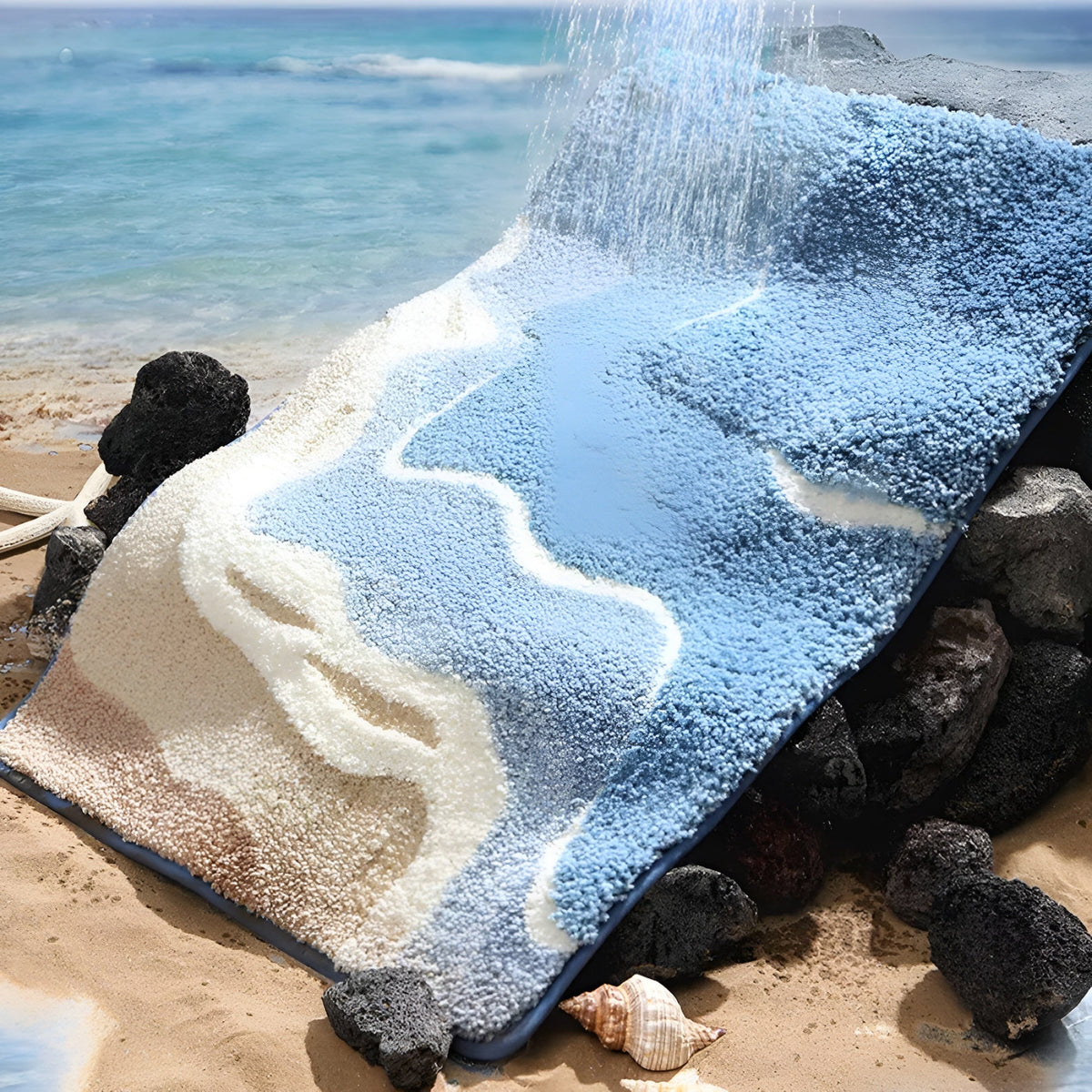 Seaside footprint coastal bath mat shown in use