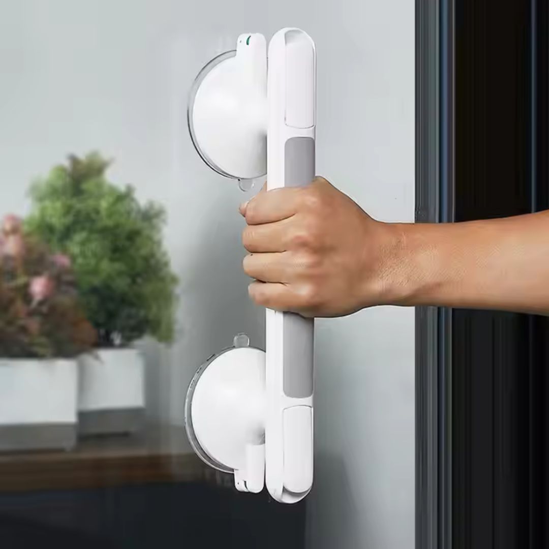 Suction shower grab bar in a bathroom