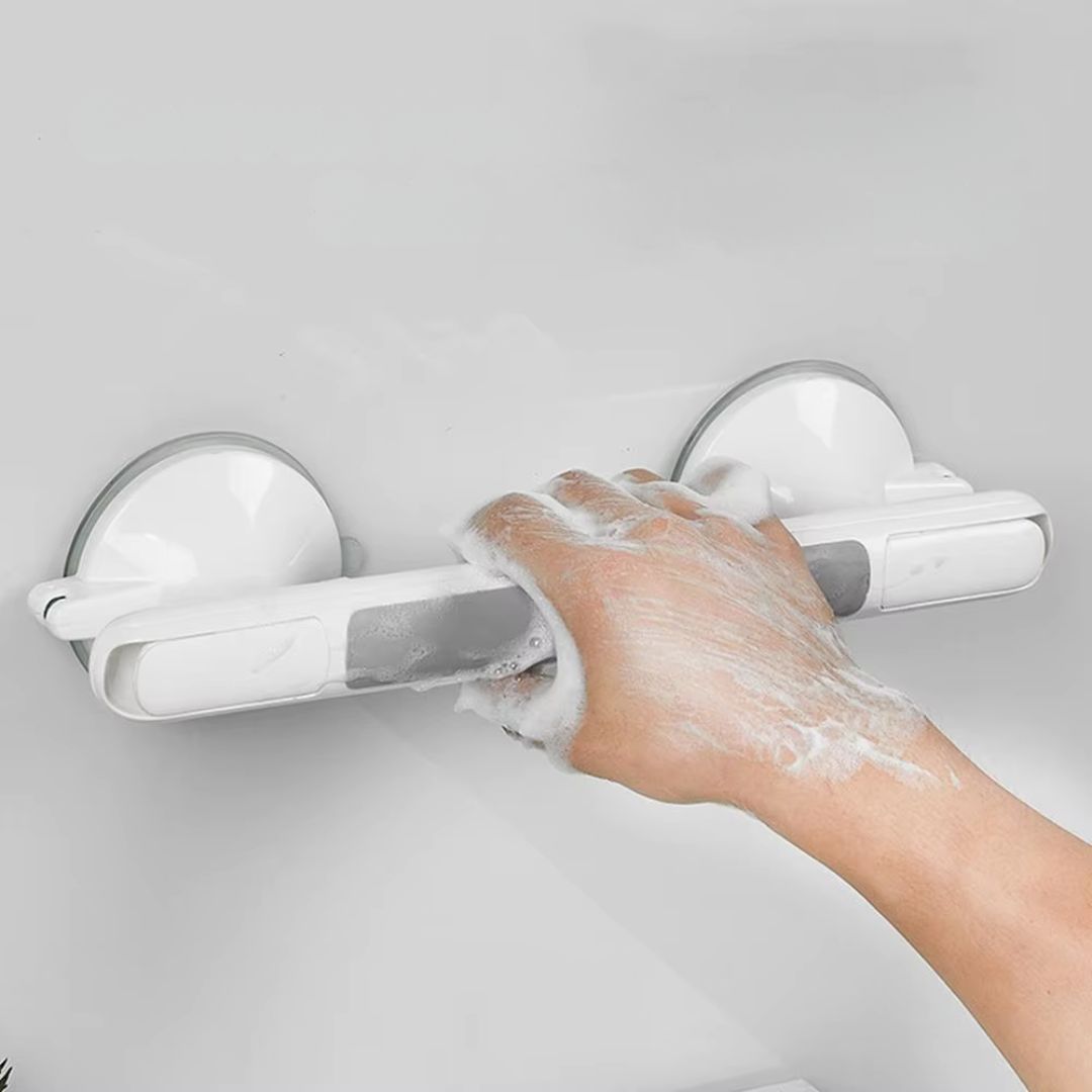 Suction shower handle grab bar in use