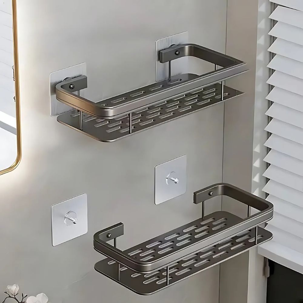 Wall mounted shower caddy shelf holding bottles