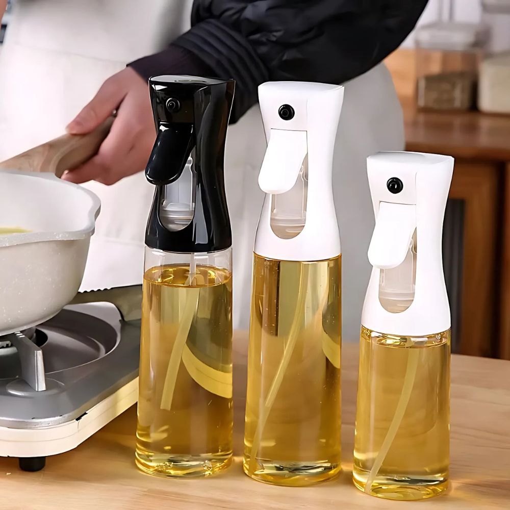 Sienna Mist glass oil spray bottle in a kitchen
