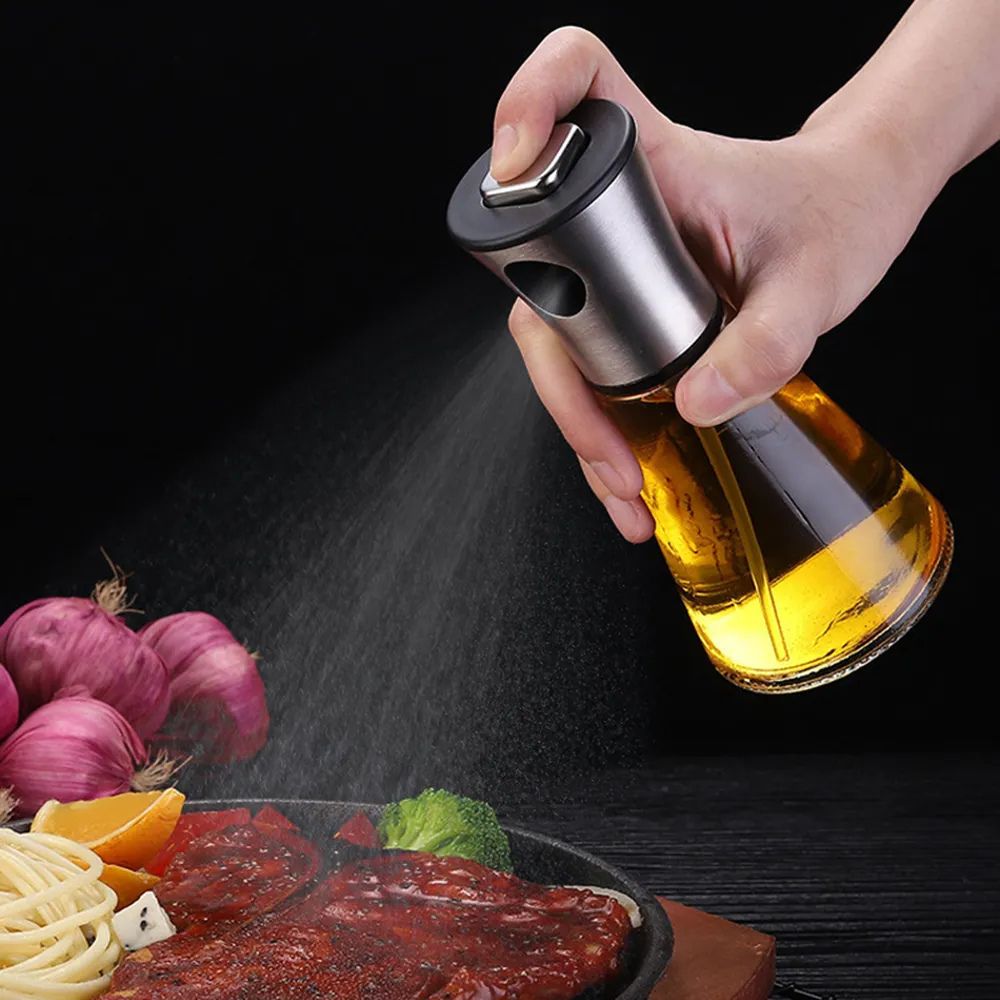 Crystal glass oil spray bottle with steel pump, view 1