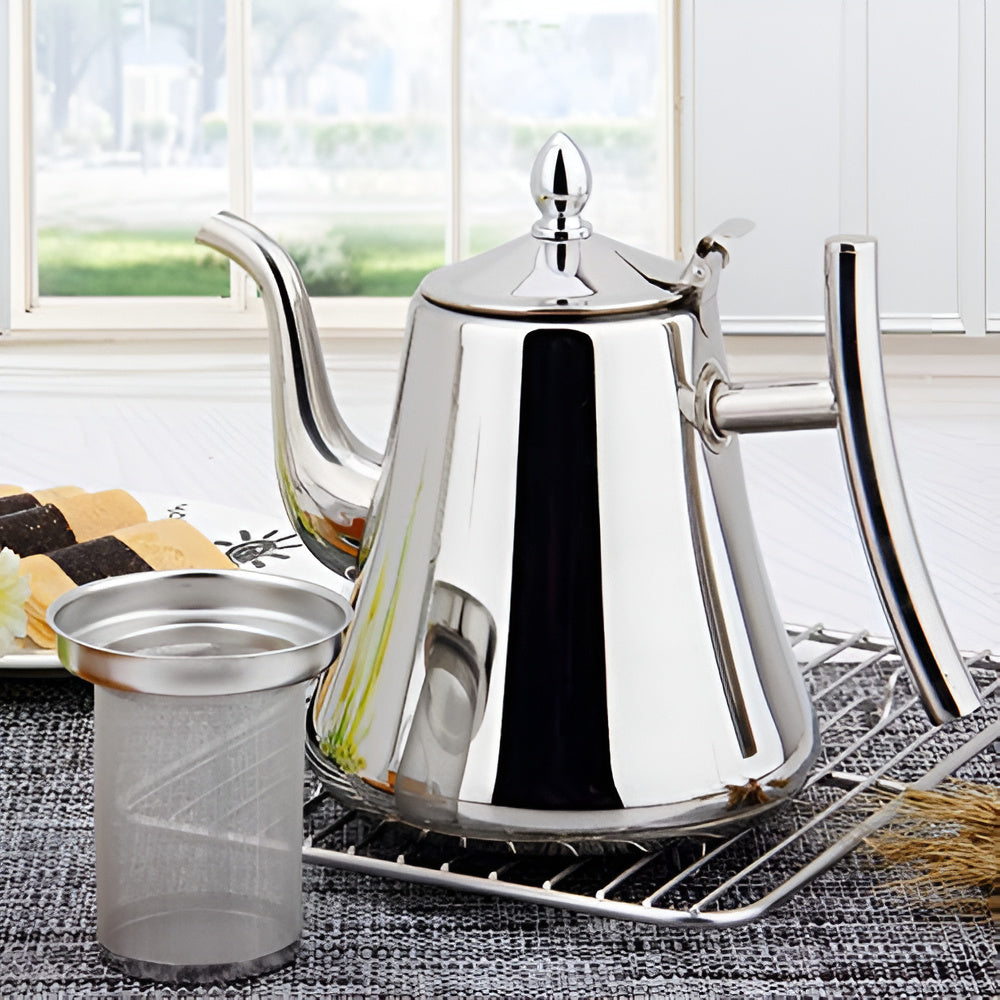 Stainless steel tea kettle with built in filter