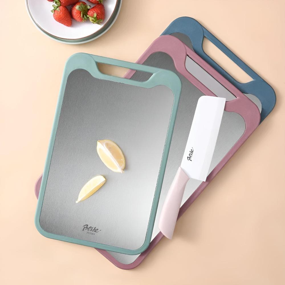 Double sided stainless steel chopping board detail view 1
