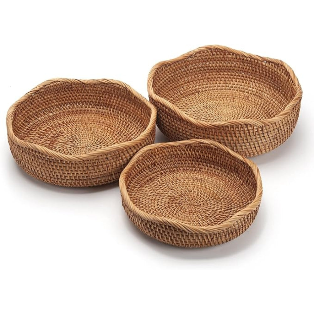Handwoven rattan basket with fruit on a table