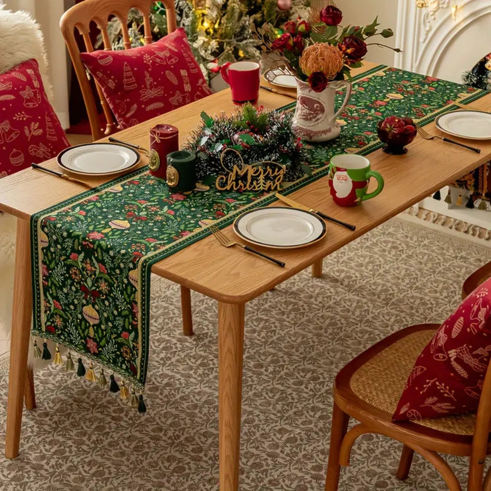 Botanical tapestry table runner shown on a dining table
