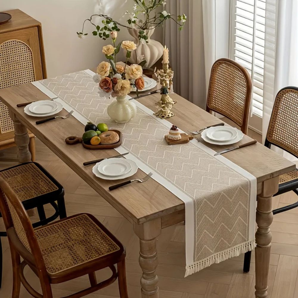 Zigzag loom table runner on a dining table
