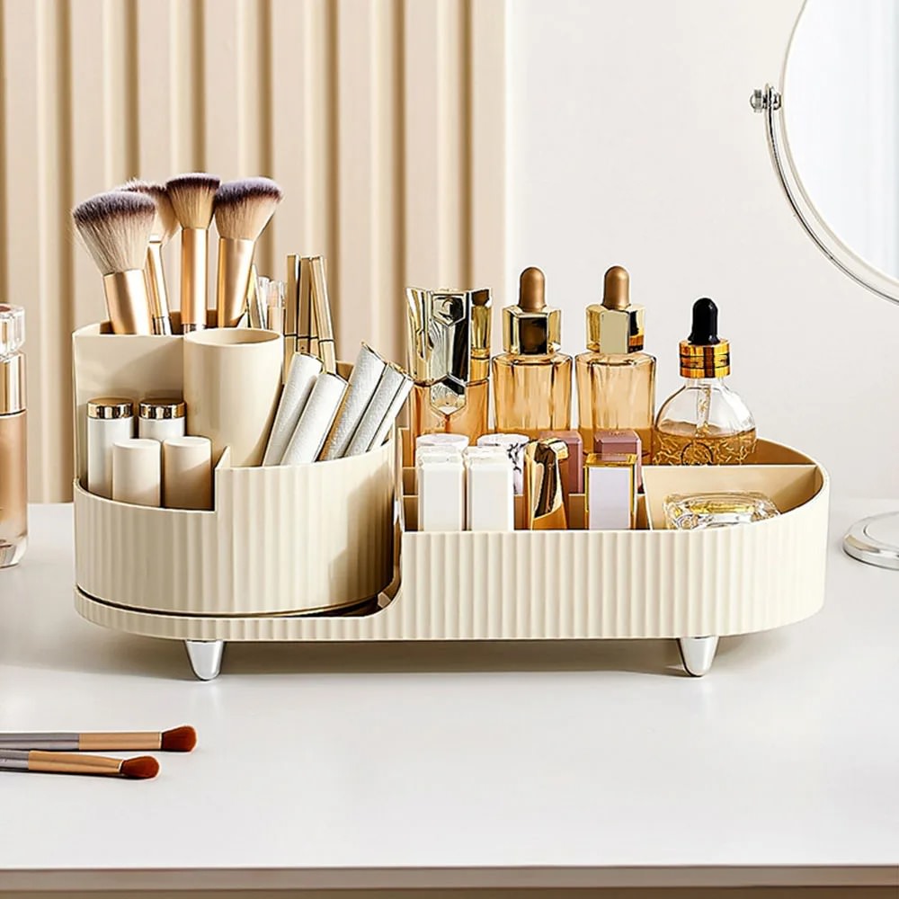 Pleated Desktop Makeup Organizer With Rotating Platform
