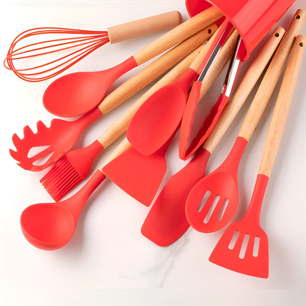 12 Piece Silicone Cooking Utensils Set With Bamboo Handles